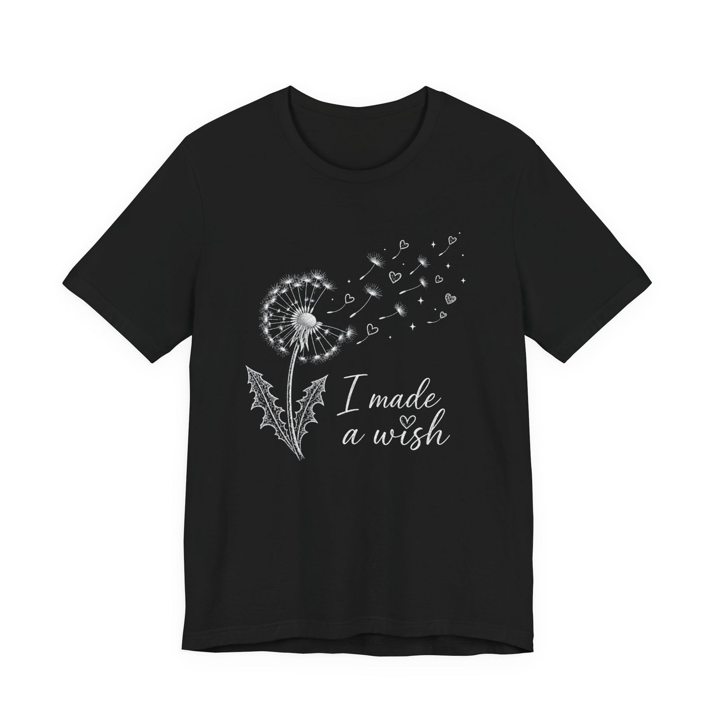 “I Made a Wish” Dandelion Heart Graphic Tee – Black Shirt - Pearl & Wings