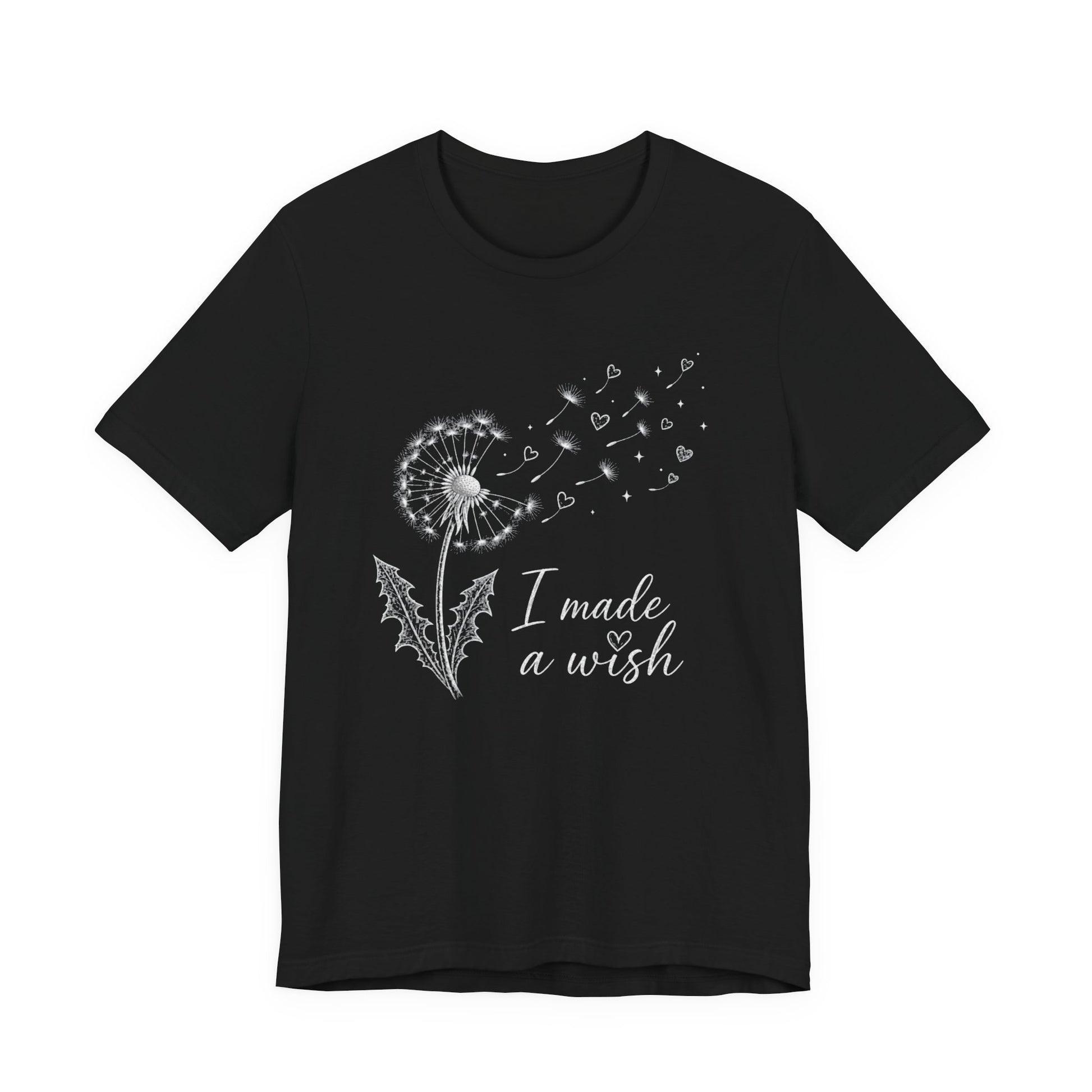 “I Made a Wish” Dandelion Heart Graphic Tee – Black Shirt - Pearl & Wings