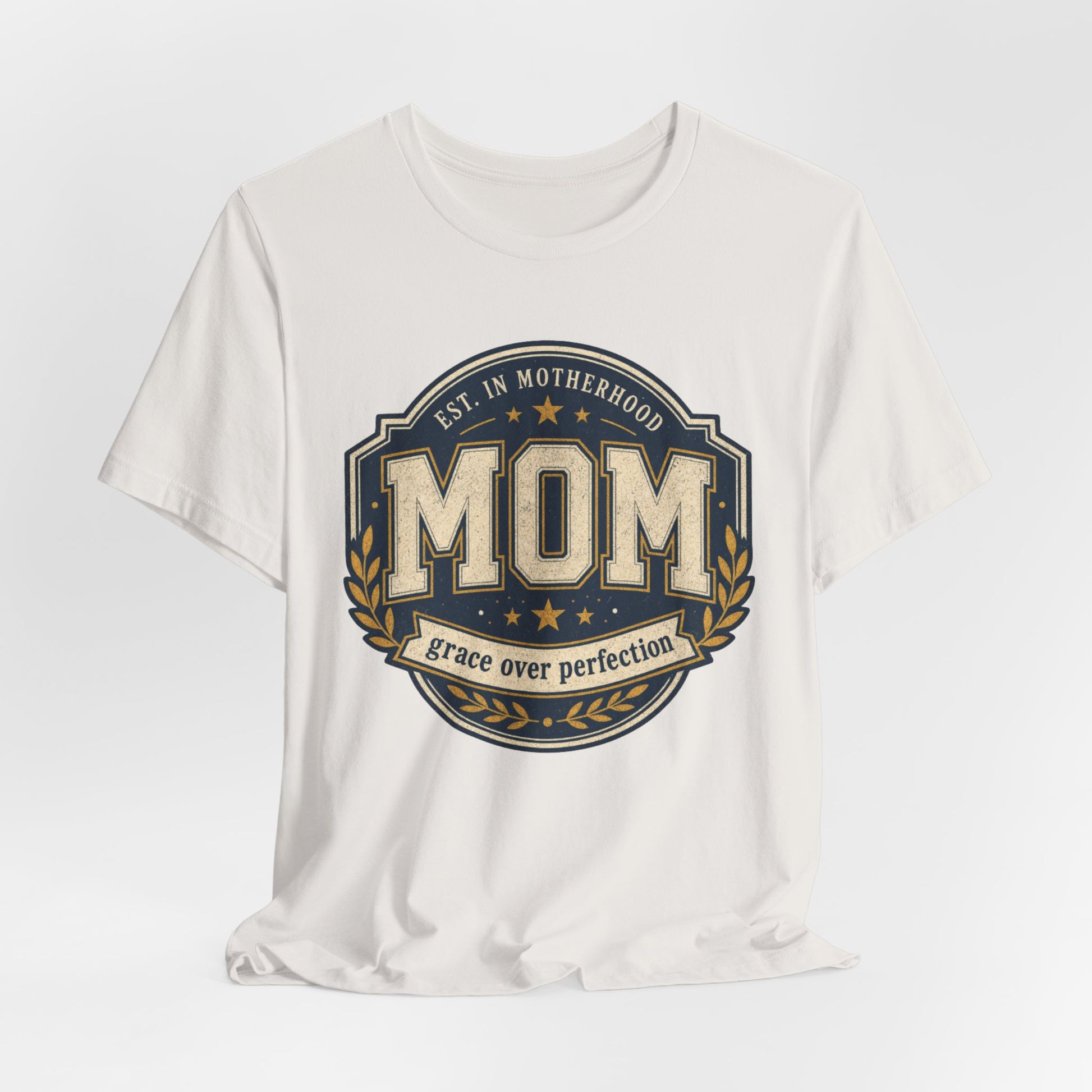 Mom Vintage Emblem Tee — "Grace Over Perfection" Mother's Day Shirt - Pearl & Wings
