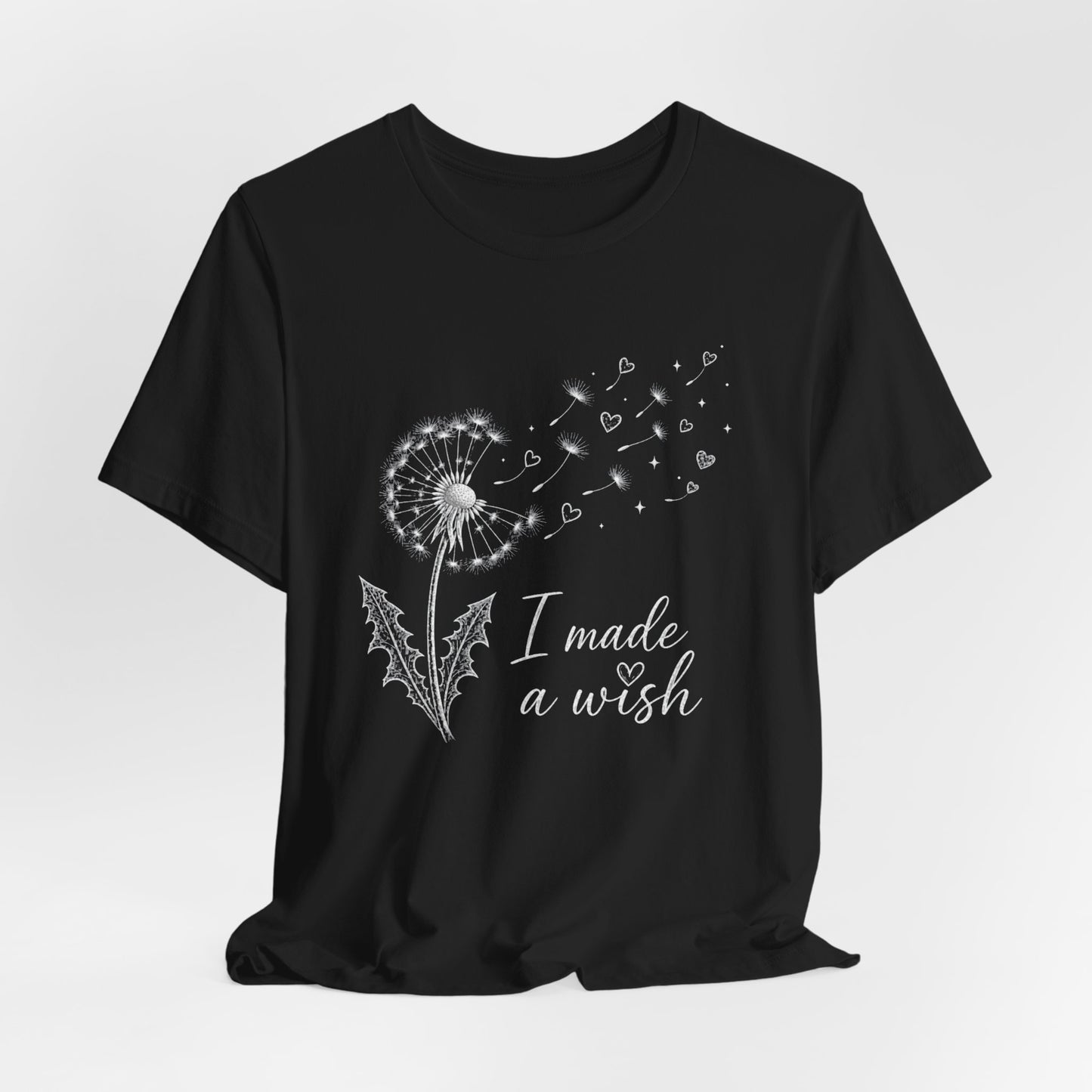 “I Made a Wish” Dandelion Heart Graphic Tee – Black Shirt - Pearl & Wings
