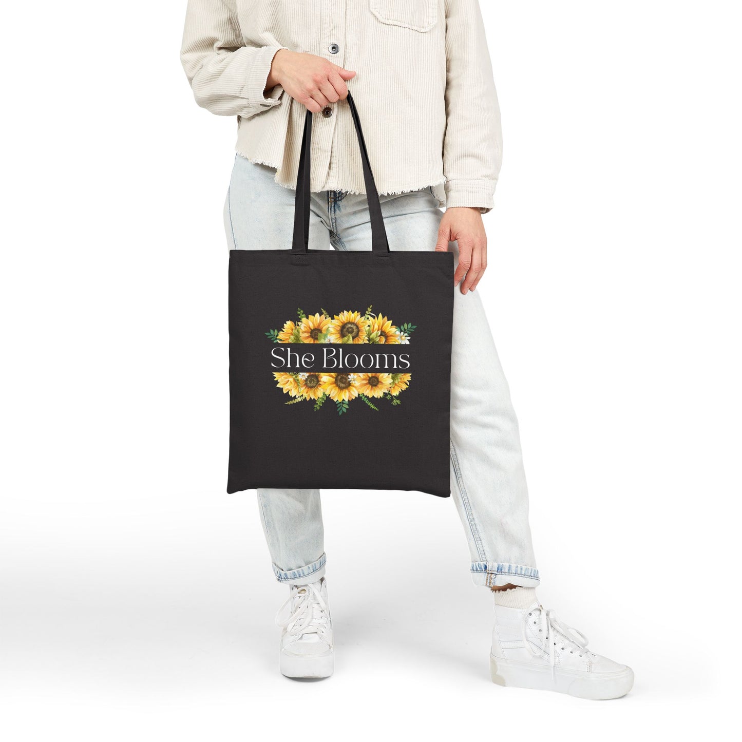 "She Blooms" Sunflower Canvas Tote - Pearl & Wings