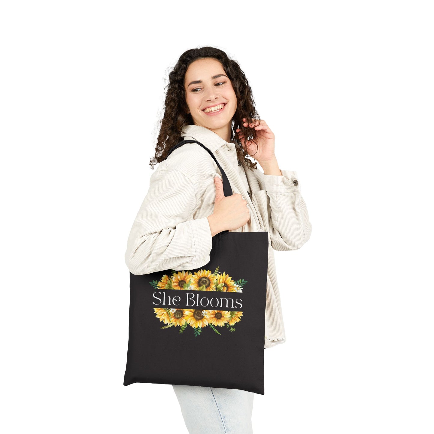 "She Blooms" Sunflower Canvas Tote - Pearl & Wings