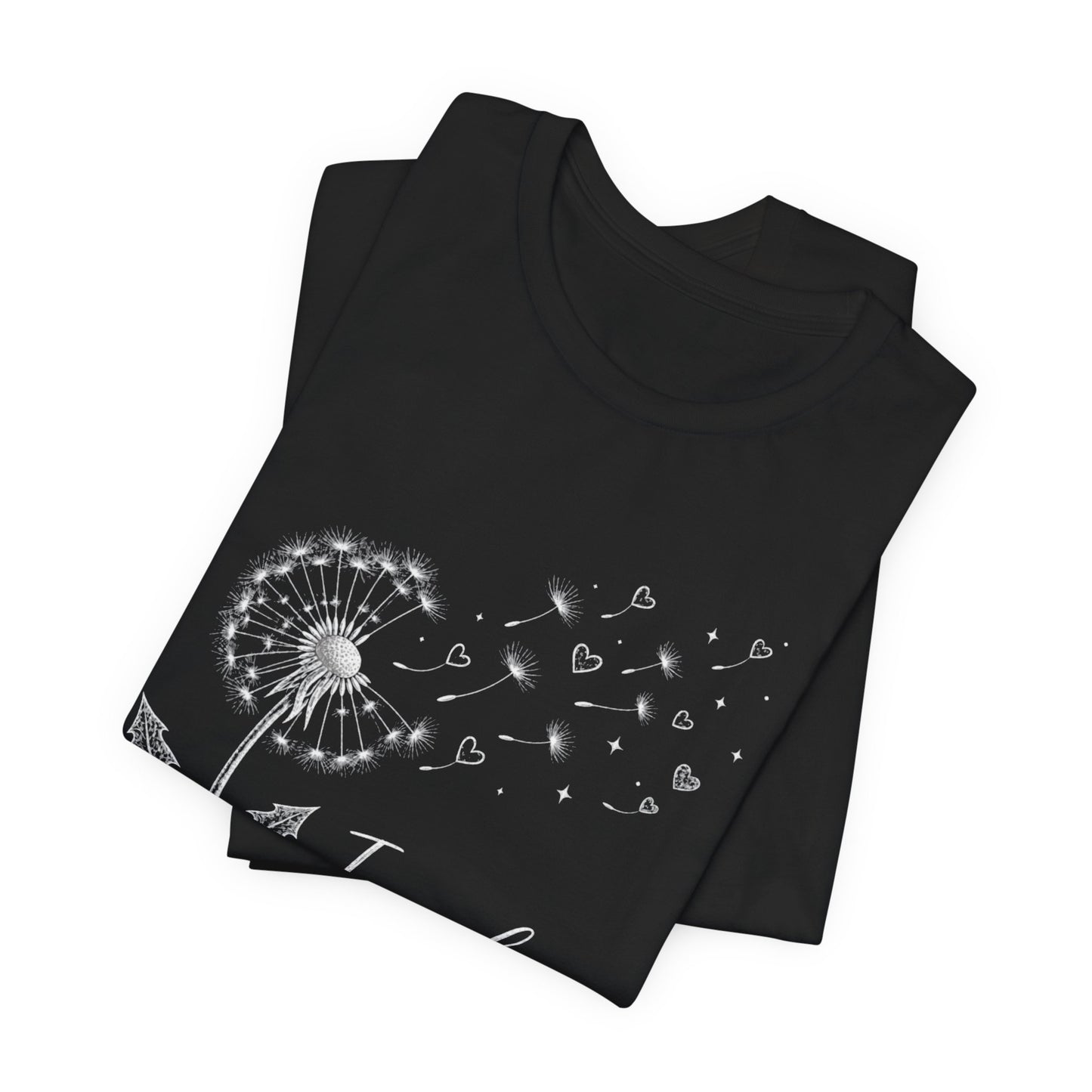 “I Made a Wish” Dandelion Heart Graphic Tee – Black Shirt - Pearl & Wings