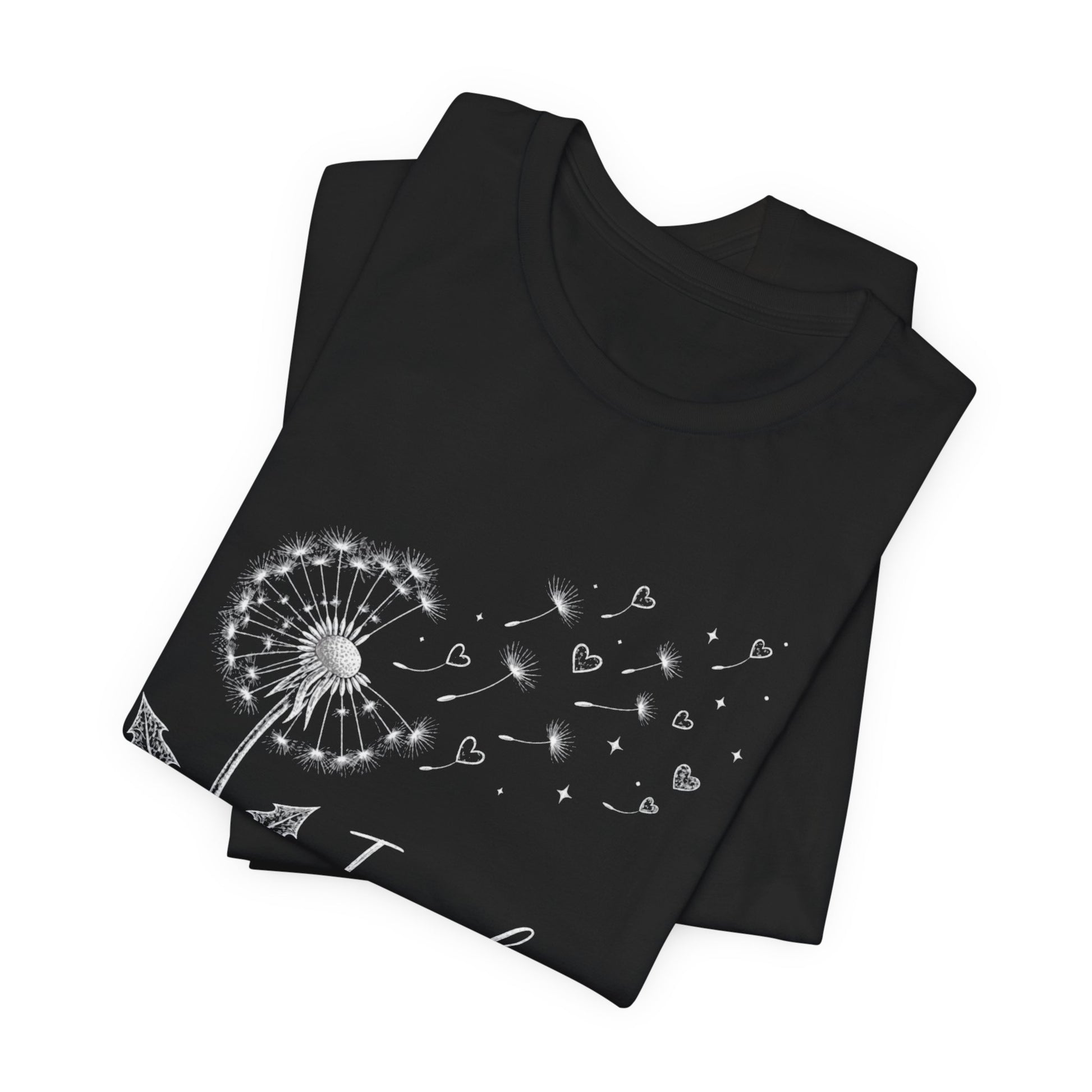 “I Made a Wish” Dandelion Heart Graphic Tee – Black Shirt - Pearl & Wings
