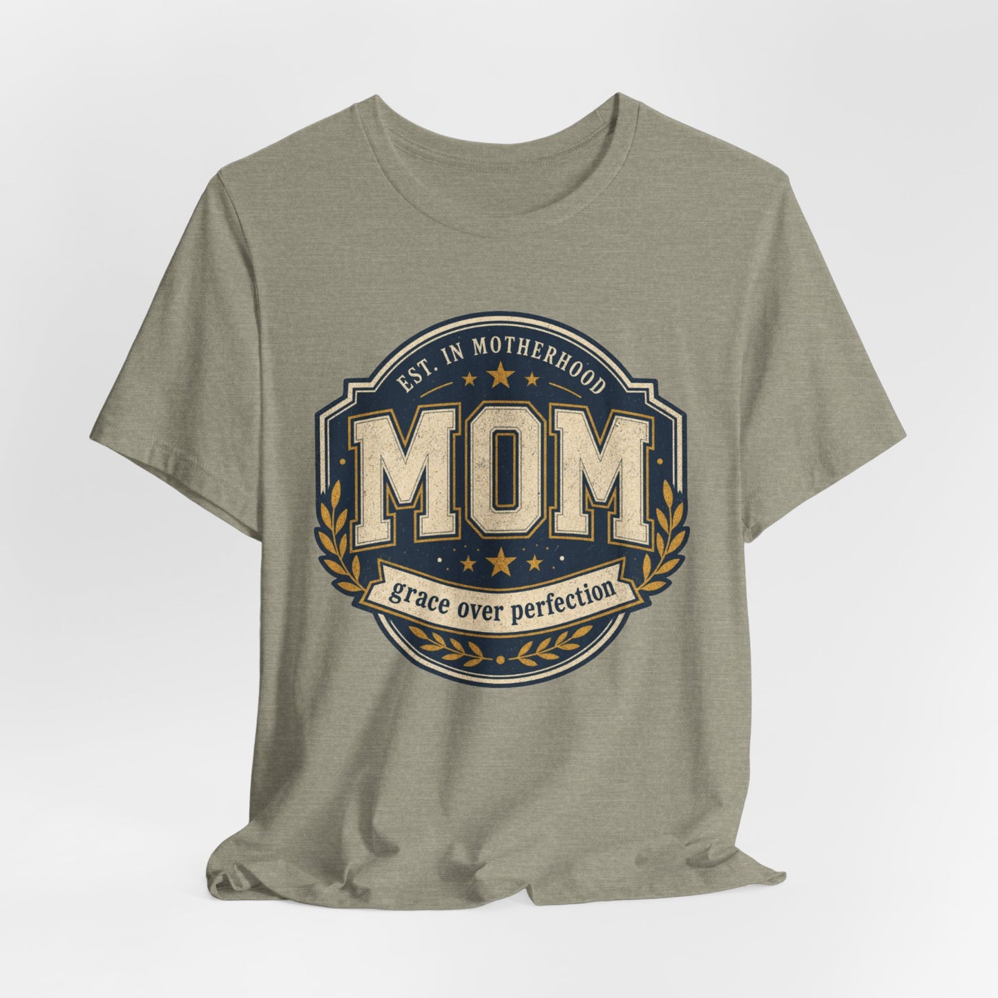 Mom Vintage Emblem Tee — "Grace Over Perfection" Mother's Day Shirt - Pearl & Wings