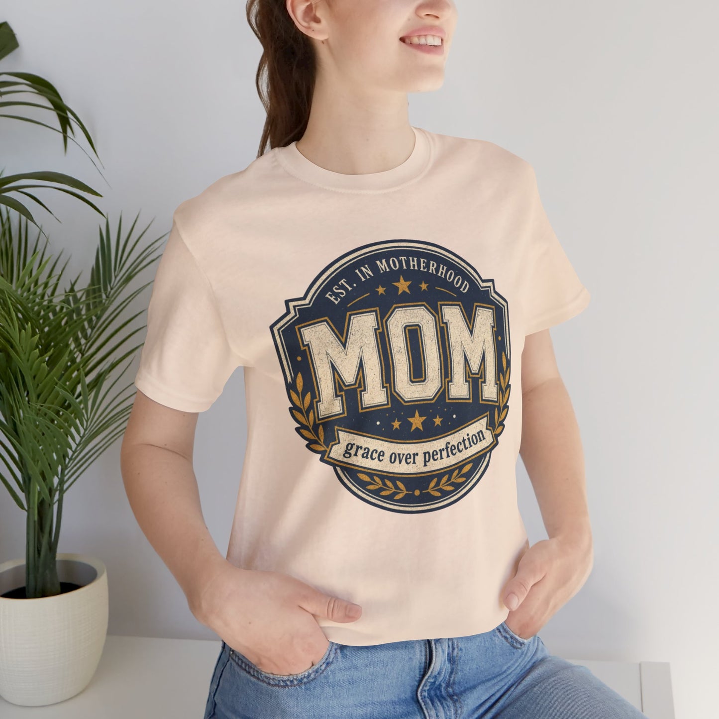 Mom Vintage Emblem Tee — "Grace Over Perfection" Mother's Day Shirt - Pearl & Wings