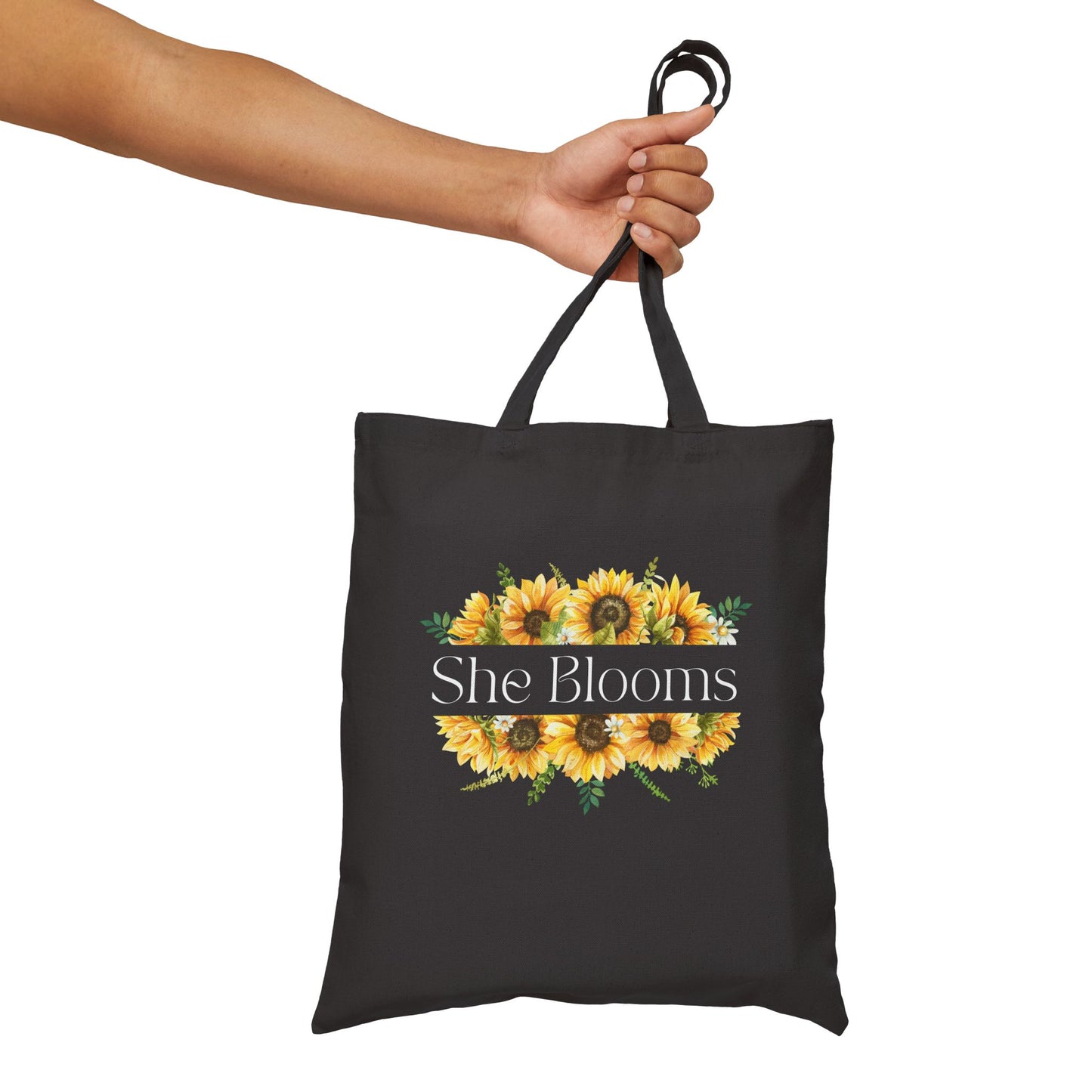 "She Blooms" Sunflower Canvas Tote - Pearl & Wings
