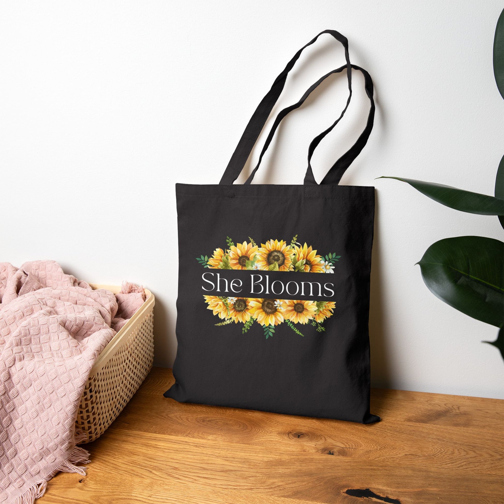 "She Blooms" Sunflower Canvas Tote - Black - Pearl & Wings
