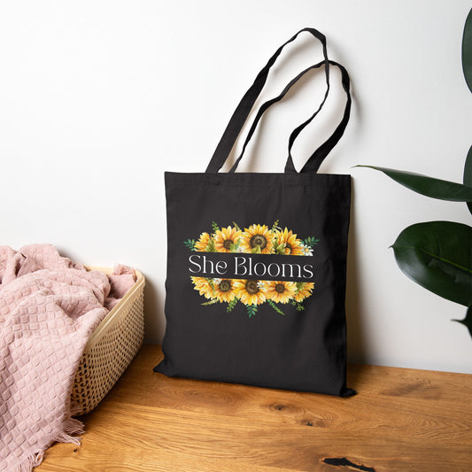 "She Blooms" Sunflower Canvas Tote - Black - Pearl & Wings