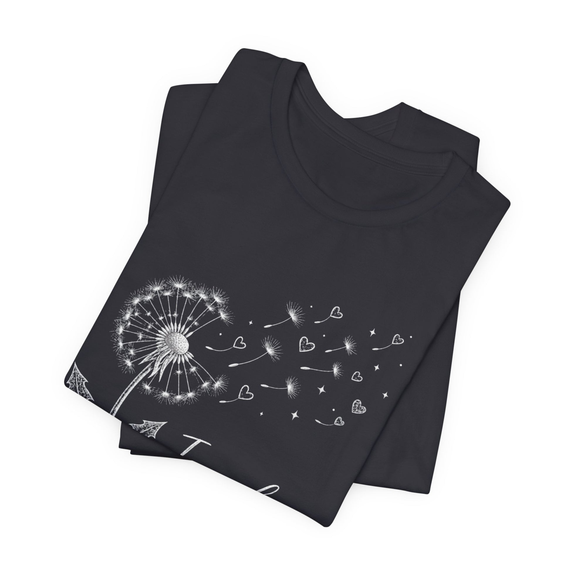 “I Made a Wish” Dandelion Heart Graphic Tee – Black Shirt - Pearl & Wings