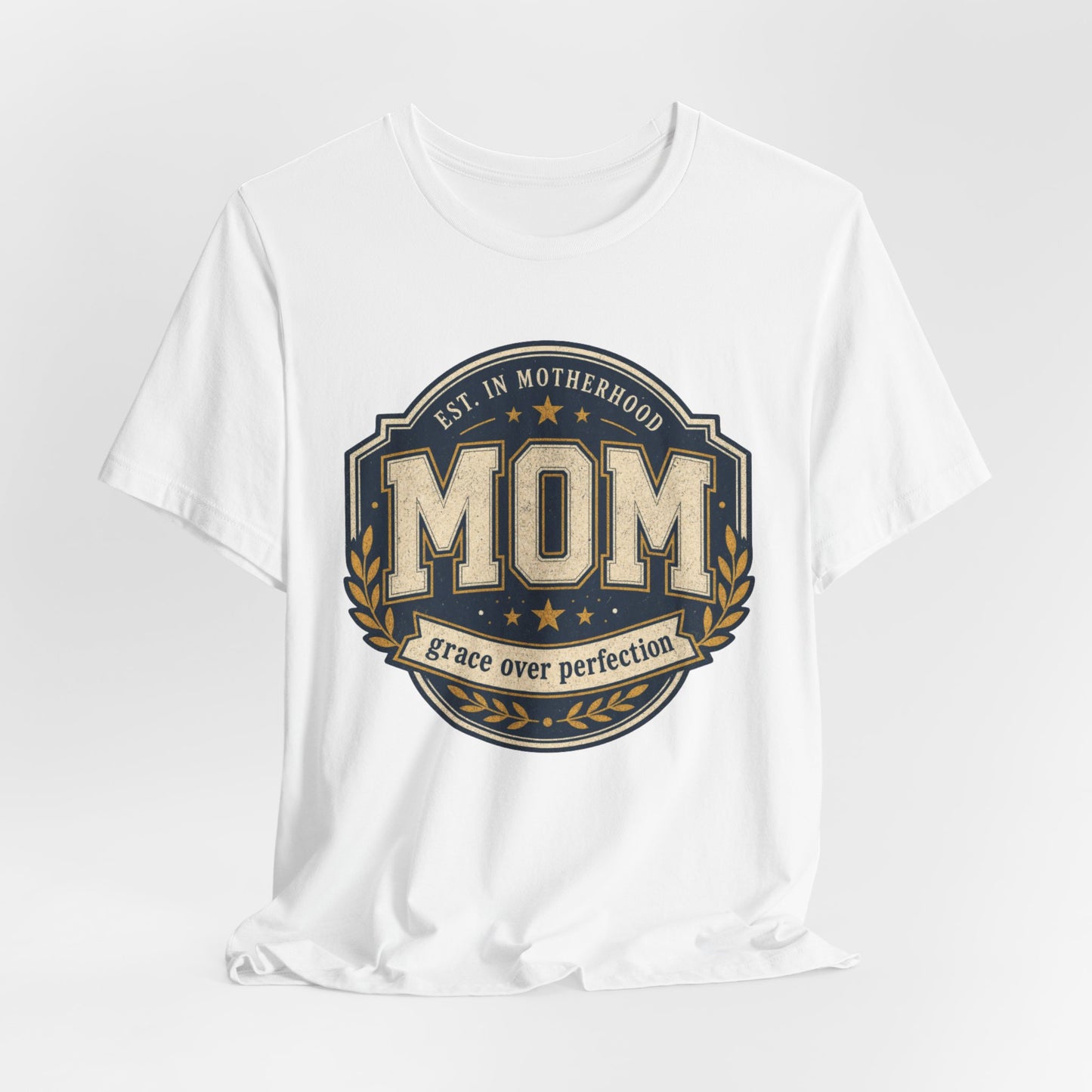 Mom Vintage Emblem Tee — "Grace Over Perfection" Mother's Day Shirt - Pearl & Wings
