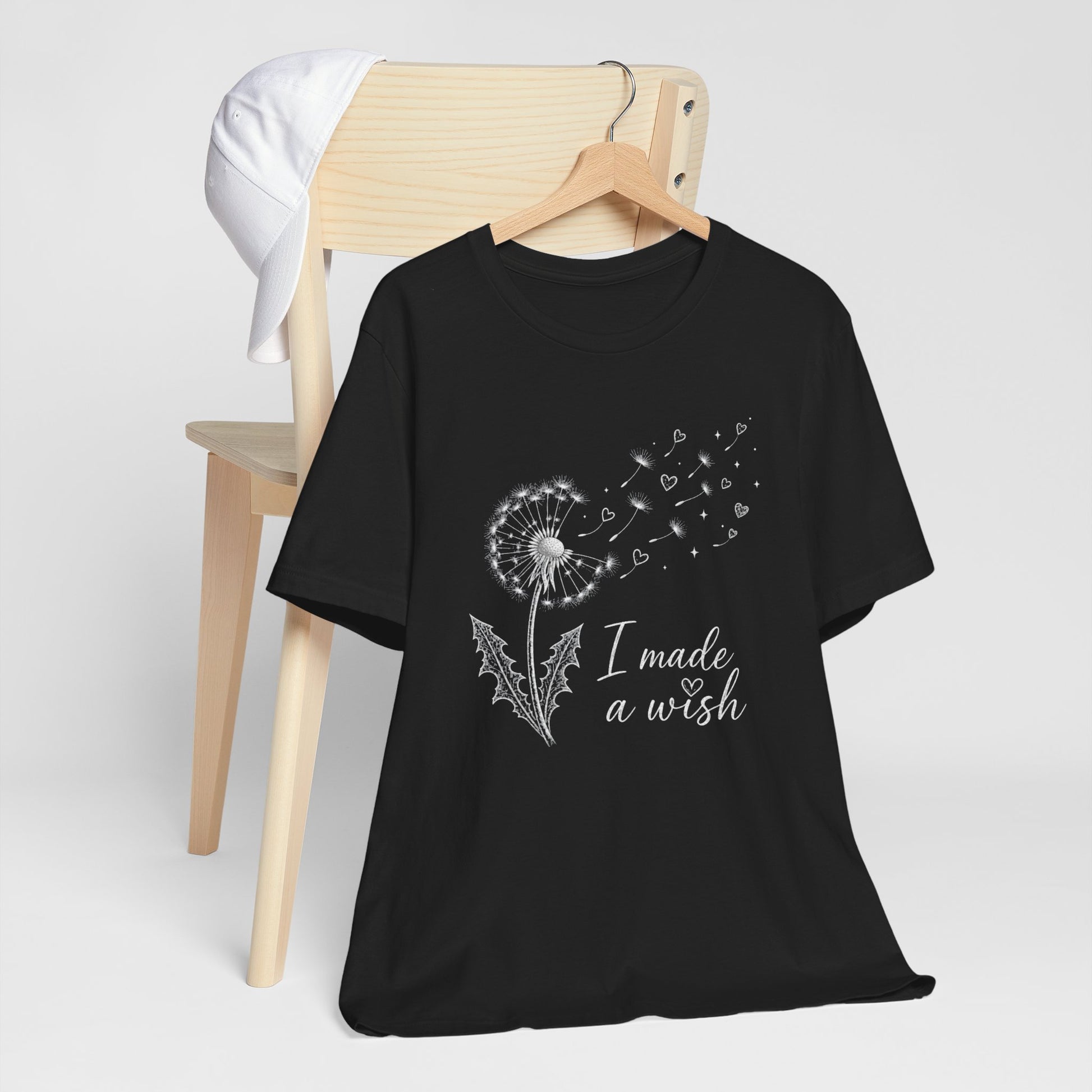 “I Made a Wish” Dandelion Heart Graphic Tee – Black Shirt - Black - Pearl & Wings