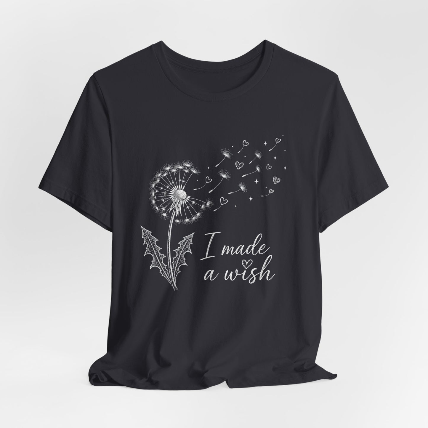 “I Made a Wish” Dandelion Heart Graphic Tee – Black Shirt - Pearl & Wings