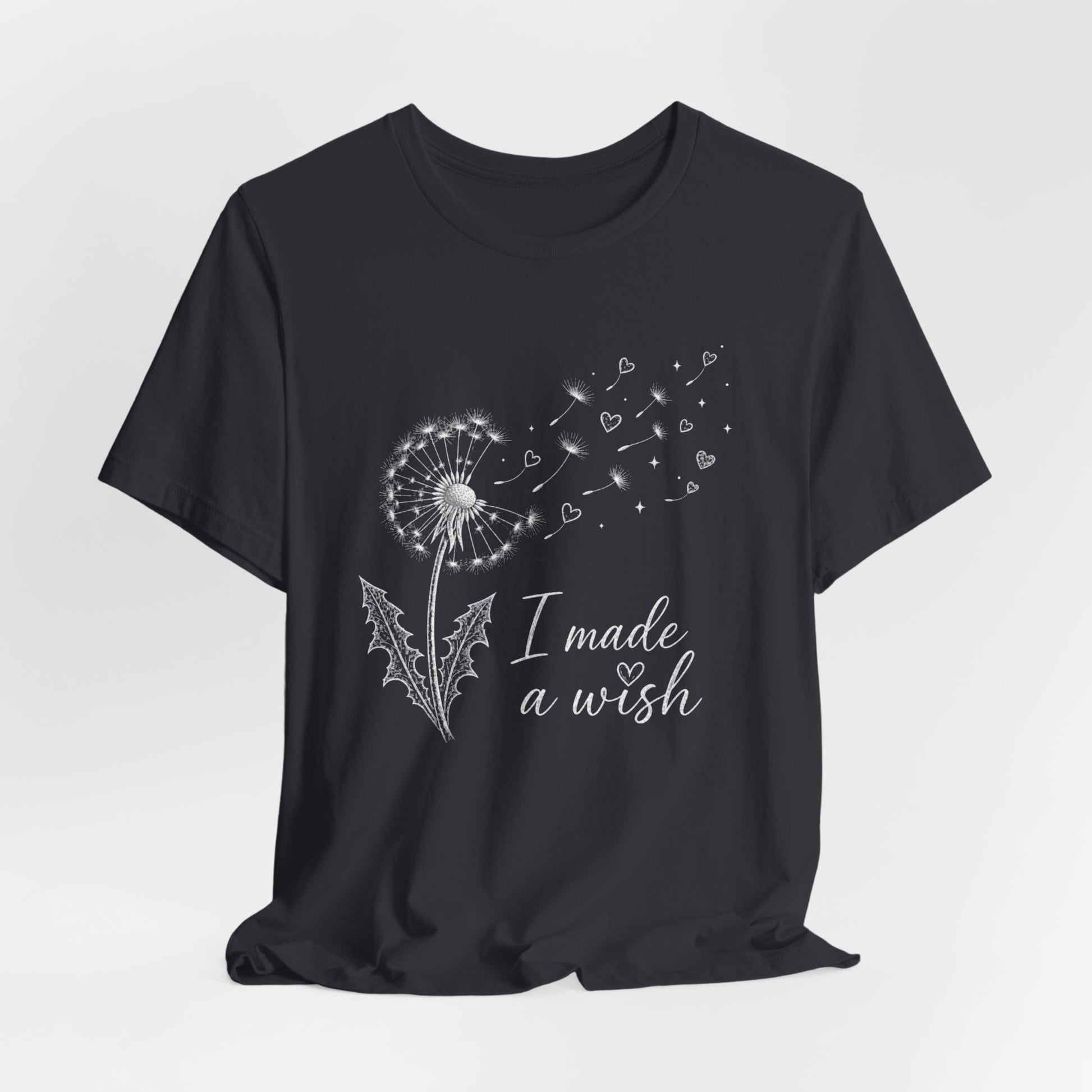 “I Made a Wish” Dandelion Heart Graphic Tee – Black Shirt - Pearl & Wings