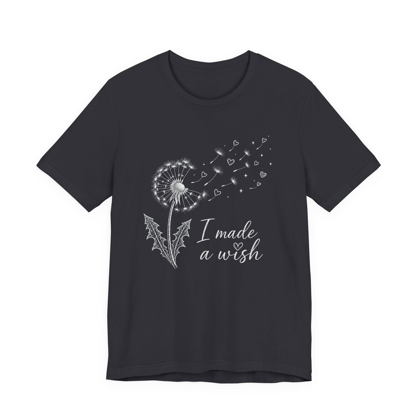 “I Made a Wish” Dandelion Heart Graphic Tee – Black Shirt - Pearl & Wings