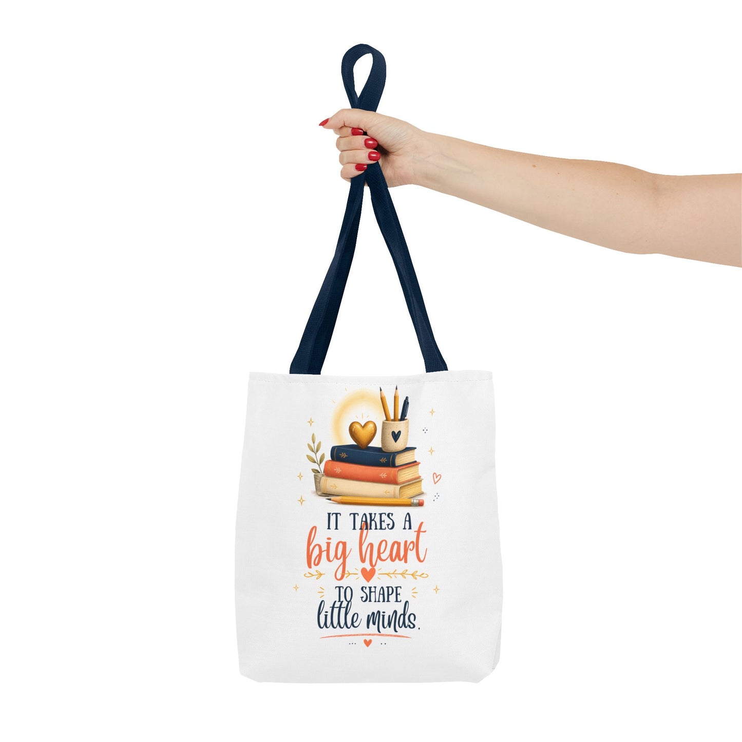 It Takes a Big Heart to Shape Little Minds Teacher Tote Bag - Navy - Pearl & Wings